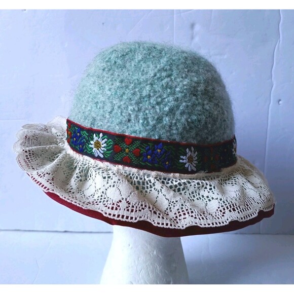 Vintage Handmade Wool Clouche Hat Floral Ribbon Crochet Lined Blue Hat OSFA